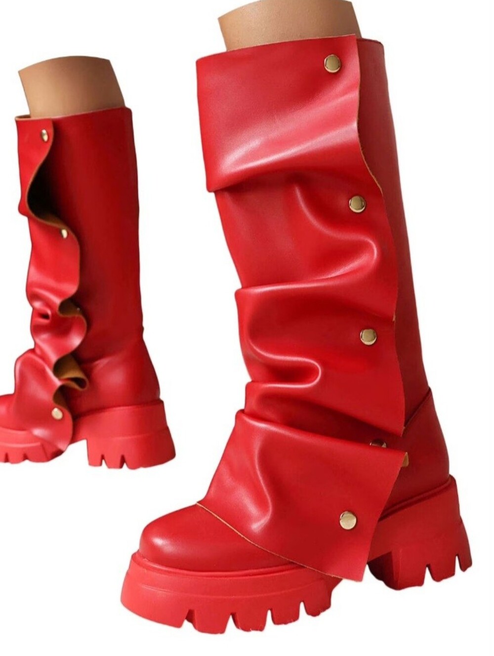 AZALEA WANG Chunky Red Slouch Knee-High Boots - Women's Fashion Boots - Picture 3 of 9